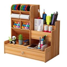 VOGREX Desktop Organiser Pen Holder Tabletop Storage Box with Drawer in Light Oak