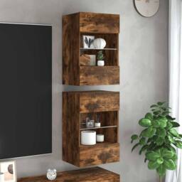 Berkfield Home TV Wall Cabinets with LED Lights 2 pcs Smoked Oak 40x30x60.5 cm in Brown - thumbnail 2