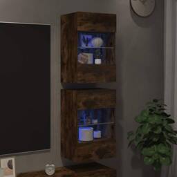 Berkfield Home TV Wall Cabinets with LED Lights 2 pcs Smoked Oak 40x30x60.5 cm in Brown - thumbnail 1