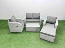 Fimous Light Grey PE Wicker Rattan Garden Furniture Set Sofa Set Reclining Adjustable Chair Rectangular Coffee Table 5 Seater With Footstool - thumbnail 2