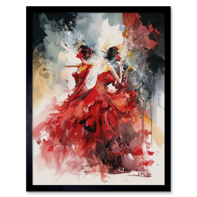 "Artery8 Wall Art Print Flamenco Music Female Dancers Dancing on Stage in Red Dresses Modern Watercolour Painting Art Framed - Size: W12"" x H16""" - image 1