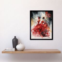"Artery8 Wall Art Print Flamenco Music Female Dancers Dancing on Stage in Red Dresses Modern Watercolour Painting Art Framed - Size: W12"" x H16""" - thumbnail 2