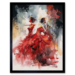 "Artery8 Wall Art Print Flamenco Music Female Dancers Dancing on Stage in Red Dresses Modern Watercolour Painting Art Framed - Size: W12"" x H16""" - thumbnail 1
