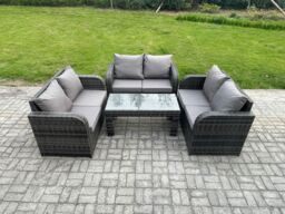 Fimous Rattan Garden Furniture Set 6 Seater Indoor Outdoor Patio Sofa Set with Coffee Table Loveseat Sofa Dark Grey Mixed - thumbnail 1