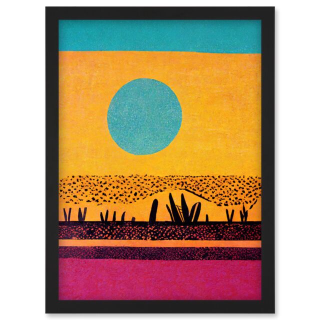 Artery8 Desert Roadside Oasis Modern Pop Art Surreal Landscape Artwork Framed Wall Art Print A4 in Black - image 1