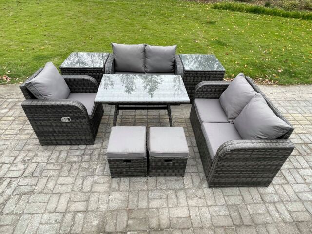 Fimous 7 Seater Outdoor Garden Dining Sets Rattan Furniture With Dining Table Armchairs Love Sofa 2 Small Footstools 2 Side Tables Dark Grey Mixed - image 1