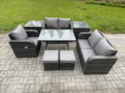 Fimous 7 Seater Outdoor Garden Dining Sets Rattan Furniture With Dining Table Armchairs Love Sofa 2 Small Footstools 2 Side Tables Dark Grey Mixed - thumbnail 1