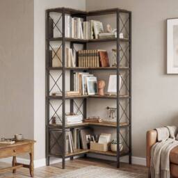 HOMCOM L-Shaped Bookshelf, 5-Tier Bookcase with Metal Frame, Rustic Brown - thumbnail 1