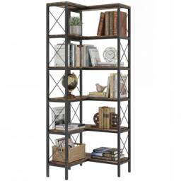 HOMCOM L-Shaped Bookshelf, 5-Tier Bookcase with Metal Frame, Rustic Brown - thumbnail 2