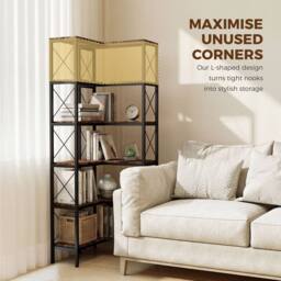 HOMCOM L-Shaped Bookshelf, 5-Tier Bookcase with Metal Frame, Rustic Brown - thumbnail 4