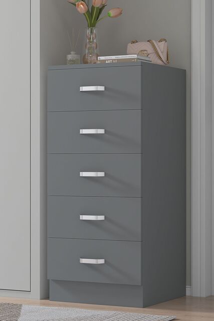 FWStyle Tunis 5 Drawer Tall Slim Chest Of Drawers - Matt Grey - image 1