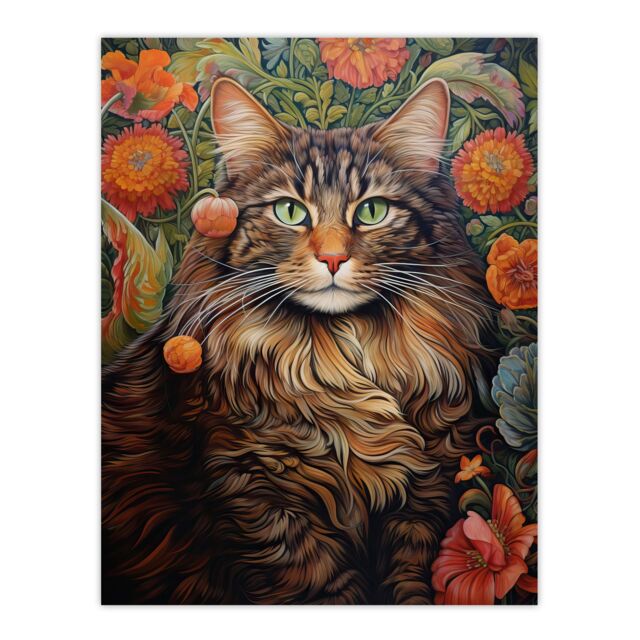 "Artery8 Wall Art Print Norwegian Forest Cat Floral Painting Detailed Animal Portrait With Spring Garden Flower Blooms Poster - Size: W18"" x H24""" - image 1