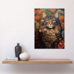 "Artery8 Wall Art Print Norwegian Forest Cat Floral Painting Detailed Animal Portrait With Spring Garden Flower Blooms Poster - Size: W18"" x H24""" - thumbnail 4