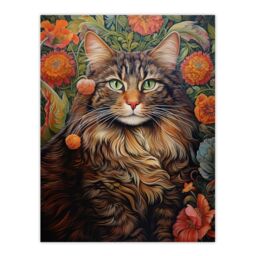"Artery8 Wall Art Print Norwegian Forest Cat Floral Painting Detailed Animal Portrait With Spring Garden Flower Blooms Poster - Size: W18"" x H24""" - thumbnail 1