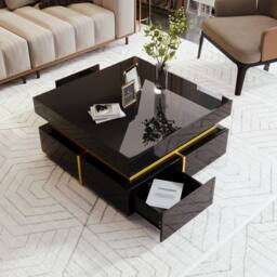 STILVORA Black Coffee Table with 2 Drawers & High Gloss Finish - thumbnail 2