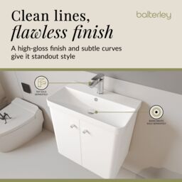 Balterley Modern Bathroom Wall Hung 2 Door Vanity Unit Basin, Gloss White, 605mm in White - thumbnail 7