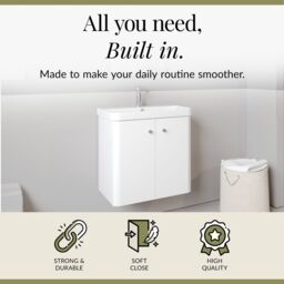 Balterley Modern Bathroom Wall Hung 2 Door Vanity Unit Basin, Gloss White, 605mm in White - thumbnail 2