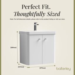 Balterley Modern Bathroom Wall Hung 2 Door Vanity Unit Basin, Gloss White, 605mm in White - thumbnail 5