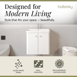 Balterley Modern Bathroom Wall Hung 2 Door Vanity Unit Basin, Gloss White, 605mm in White - thumbnail 3