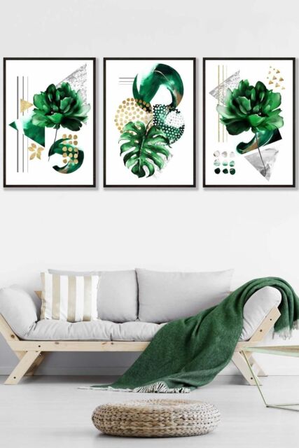 ARTZE Abstract Green Gold Botanical Framed Wall Art - Large in Black - Size: W53 cm x H73 cm x D20mm - image 1