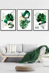 ARTZE Abstract Green Gold Botanical Framed Wall Art - Large in Black - Size: W53 cm x H73 cm x D20mm