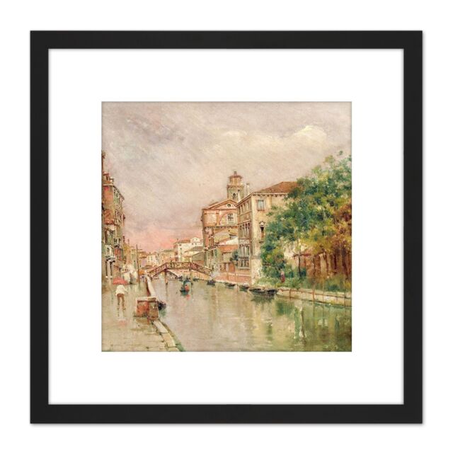 Artery8 Reyna Manescau Venetian Canal Under Rain Painting 8X8 Inch Square Wooden Framed Wall Art Print Picture with Mount in Black - image 1