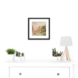 Artery8 Reyna Manescau Venetian Canal Under Rain Painting 8X8 Inch Square Wooden Framed Wall Art Print Picture with Mount in Black - thumbnail 2