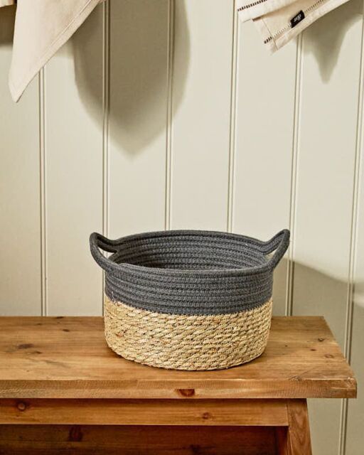 Dibor Traditional Seagrass Small Grey Stripe Indoor Storage Basket H15 x D26cm in Natural - image 1
