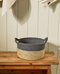 Dibor Traditional Seagrass Small Grey Stripe Indoor Storage Basket H15 x D26cm in Natural - thumbnail 1