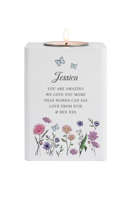 Personalised Memento Company Women's Personalised Wild Flowers Tealight Holder in White - image 1