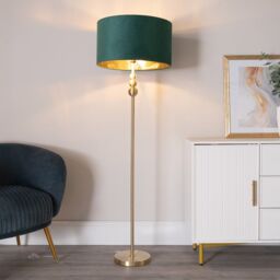 ValueLights Marissa Gold Stacked Ball Floor Lamp with Velvet Drum with Gold Inner Shade in Bottle Green