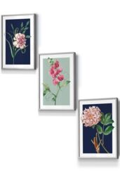 ARTZE Set of 3 Light Grey Framed Vintage Flowers Navy Blue & Sage Green Wall Art - Size: W53 cm x H73 cm x D20mm - thumbnail 1