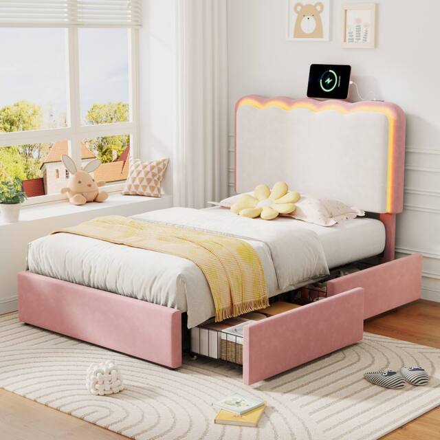 Matteo Single Velvet Bed Frame - LED Headboard, Storage Drawers - Pink Cream - image 1