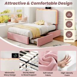 Matteo Single Velvet Bed Frame - LED Headboard, Storage Drawers - Pink Cream - thumbnail 9