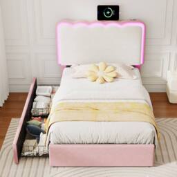 Matteo Single Velvet Bed Frame - LED Headboard, Storage Drawers - Pink Cream - thumbnail 5
