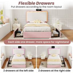 Matteo Single Velvet Bed Frame - LED Headboard, Storage Drawers - Pink Cream - thumbnail 6