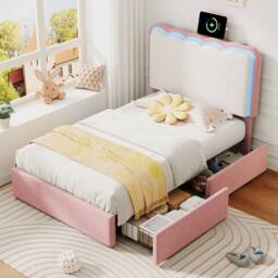 Matteo Single Velvet Bed Frame - LED Headboard, Storage Drawers - Pink Cream - thumbnail 2