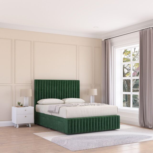 Sloomy Madison Plush Velvet Memory Foam Bed Set With 4 Drawers, Mattress & Headboard in Green - Size: Super King - image 1