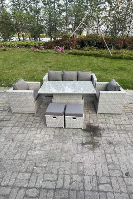 Fimous Rattan Garden Funiture Set Adjustable Rising Lifting Table Sofa Dining Set With 2 Arm Chair Stool in Light Grey - image 1