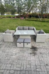 Fimous Rattan Garden Funiture Set Adjustable Rising Lifting Table Sofa Dining Set With 2 Arm Chair Stool in Light Grey - thumbnail 1
