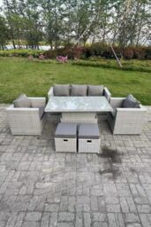 Fimous Rattan Garden Funiture Set Adjustable Rising Lifting Table Sofa Dining Set With 2 Arm Chair Stool in Light Grey - thumbnail 2