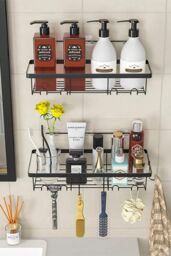 H&O Direct 4Pcs No Drill Shower Caddy Set Bathroom Storage Shelves in Black - thumbnail 1