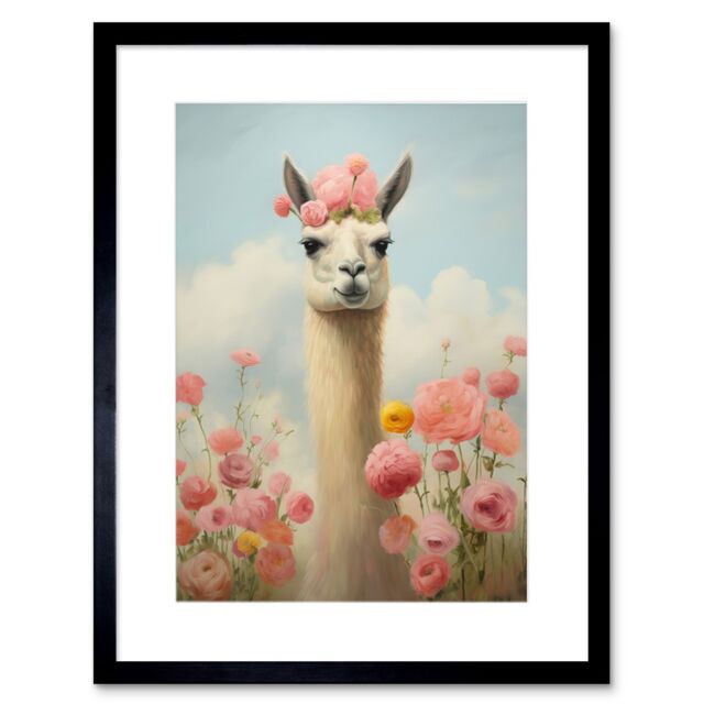 "Artery8 Wall Art Print Llama & Peonies Pink Elegant Artwork Kids Bedroom Floral Portrait with Roses Artwork Framed 9X7 Inch in Black - Size: W7"" x H9""" - image 1