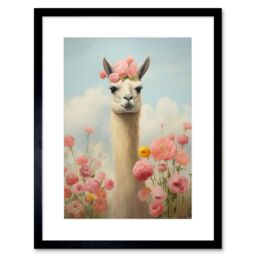 "Artery8 Wall Art Print Llama & Peonies Pink Elegant Artwork Kids Bedroom Floral Portrait with Roses Artwork Framed 9X7 Inch in Black - Size: W7"" x H9""" - thumbnail 1