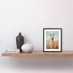 "Artery8 Wall Art Print Llama & Peonies Pink Elegant Artwork Kids Bedroom Floral Portrait with Roses Artwork Framed 9X7 Inch in Black - Size: W7"" x H9""" - thumbnail 2
