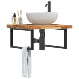 Berkfield Home Basin Shelf Wall Mounted Steel & Solid Wood Acacia in Brown - thumbnail 1