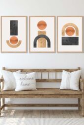 ARTZE Set of 3 Oak Framed Mid Century Graphical Shapes in Black & Yellow Wall Art - Size: W33 cm x H45 cm x D20mm