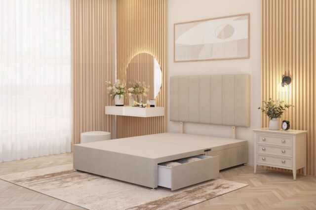 Somnior Austin Divan Bed Base with 2 Storage Drawers & Headboard Tweed Fabric in Natural - Size: Small Single - image 1