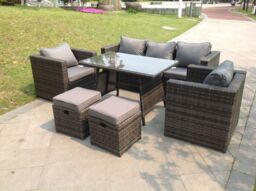 Fimous Rattan Garden Outdoor Sofa Set Chairs Rectangular Dining Table 2 Small Footstools 7 Seater in Dark Grey - thumbnail 4