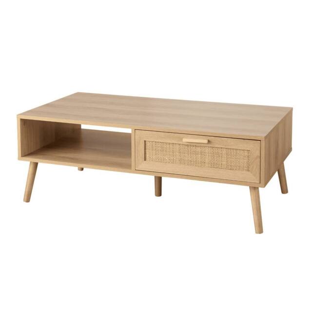 FORGEVIO Coffee Table Rattan Front Drawer Open Shelf Solid Wooden Legs Home in Brown - image 1